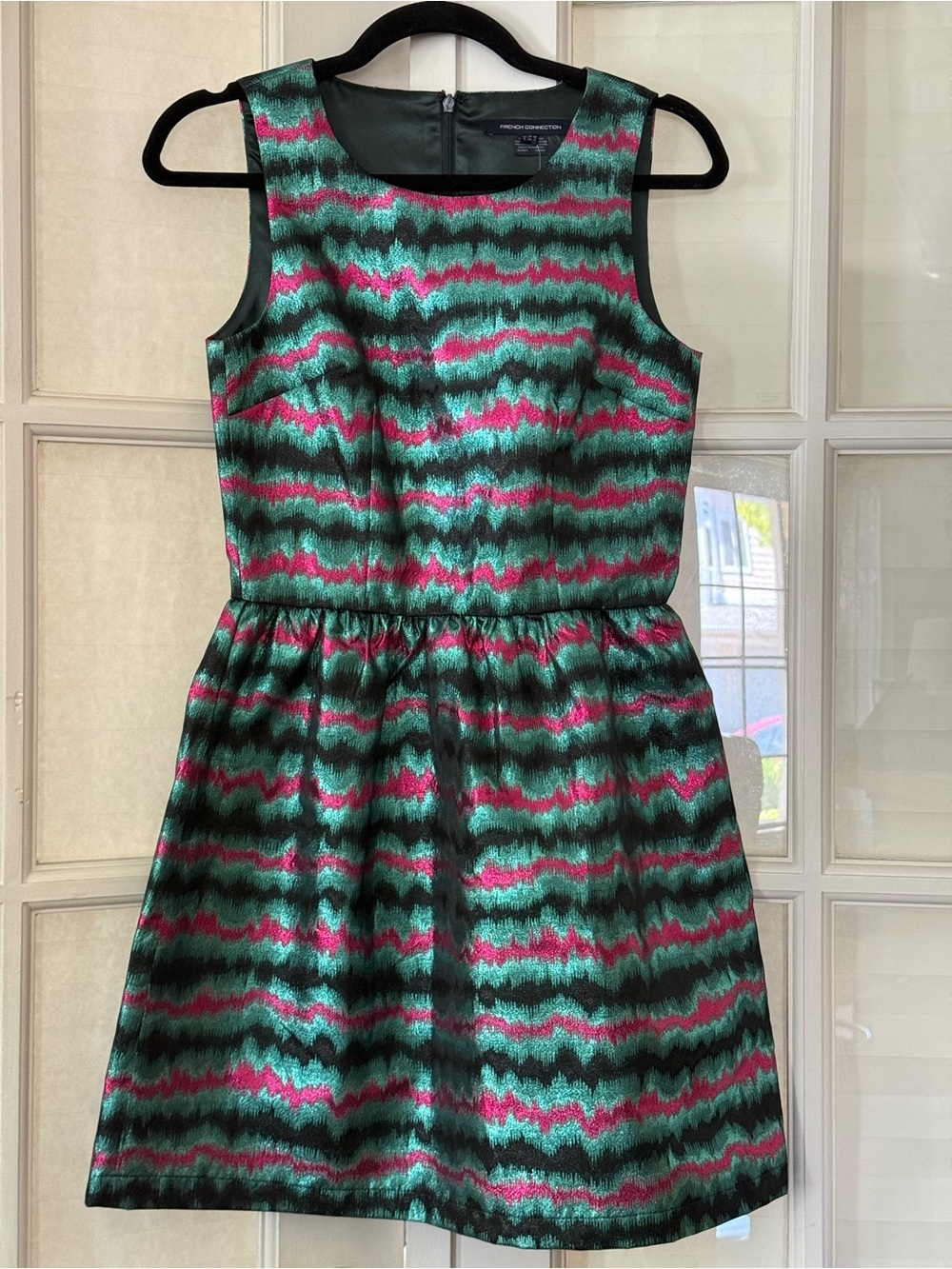 French Connection Green and Pink Wave-Pattern Fit and Flare Dress